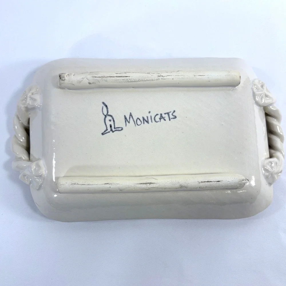 Monicats Art Pottery Handmade Ceramic Serving Tray Fruit Pattern Twisted Handles